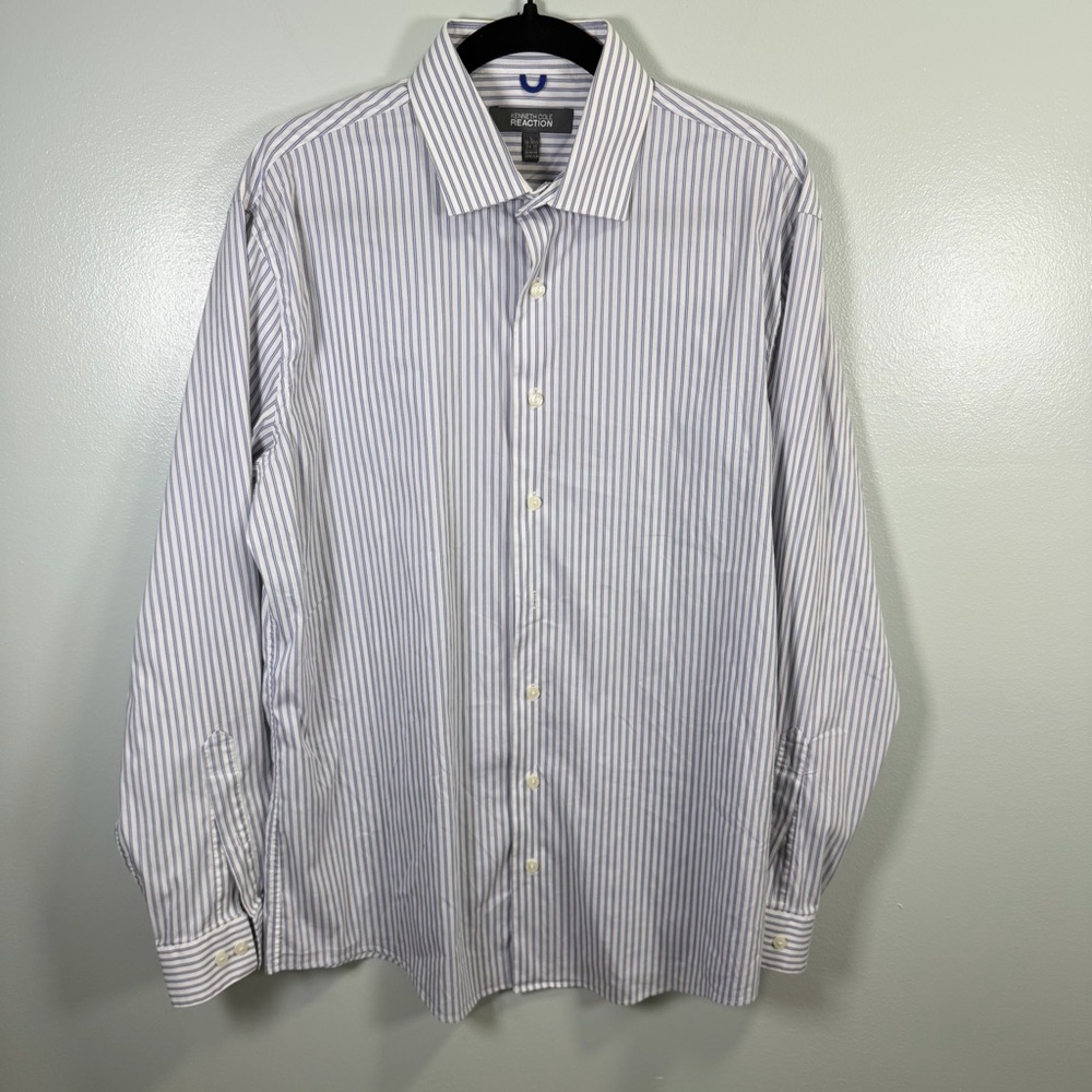 Kenneth Cole Men's White Grey Blue Striped Dress Shirt Slim Fit